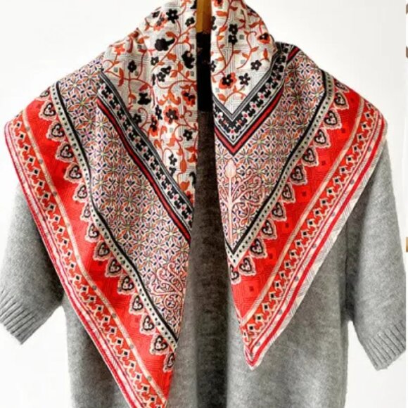 2/$30  Velvet Silk Floral Scarf Orange Red Square Neck Head Handbag Bandana - Picture 4 of 6